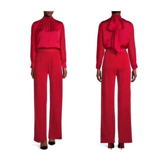 Misook Pants - Misook Misook Mixed-Media Tie-Neck Long-Sleeve Jumpsuit women S minimalist